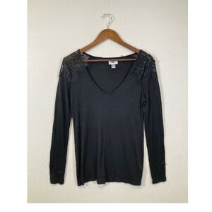 Old Navy Womens Black Lace Shoulder V Neck Long Sleeve Top Size S